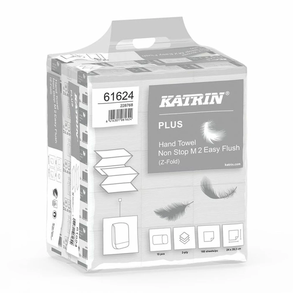 Katrin 61624 Plus Hand Towel Non Stop EasyFlush M2 2 Ply White Handy Pack