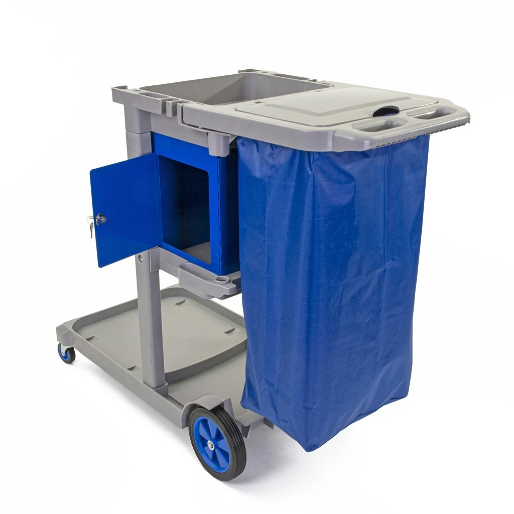 JanSan Jolly Janitor Trolley 3 Shelves & Vinyl Bag Blue